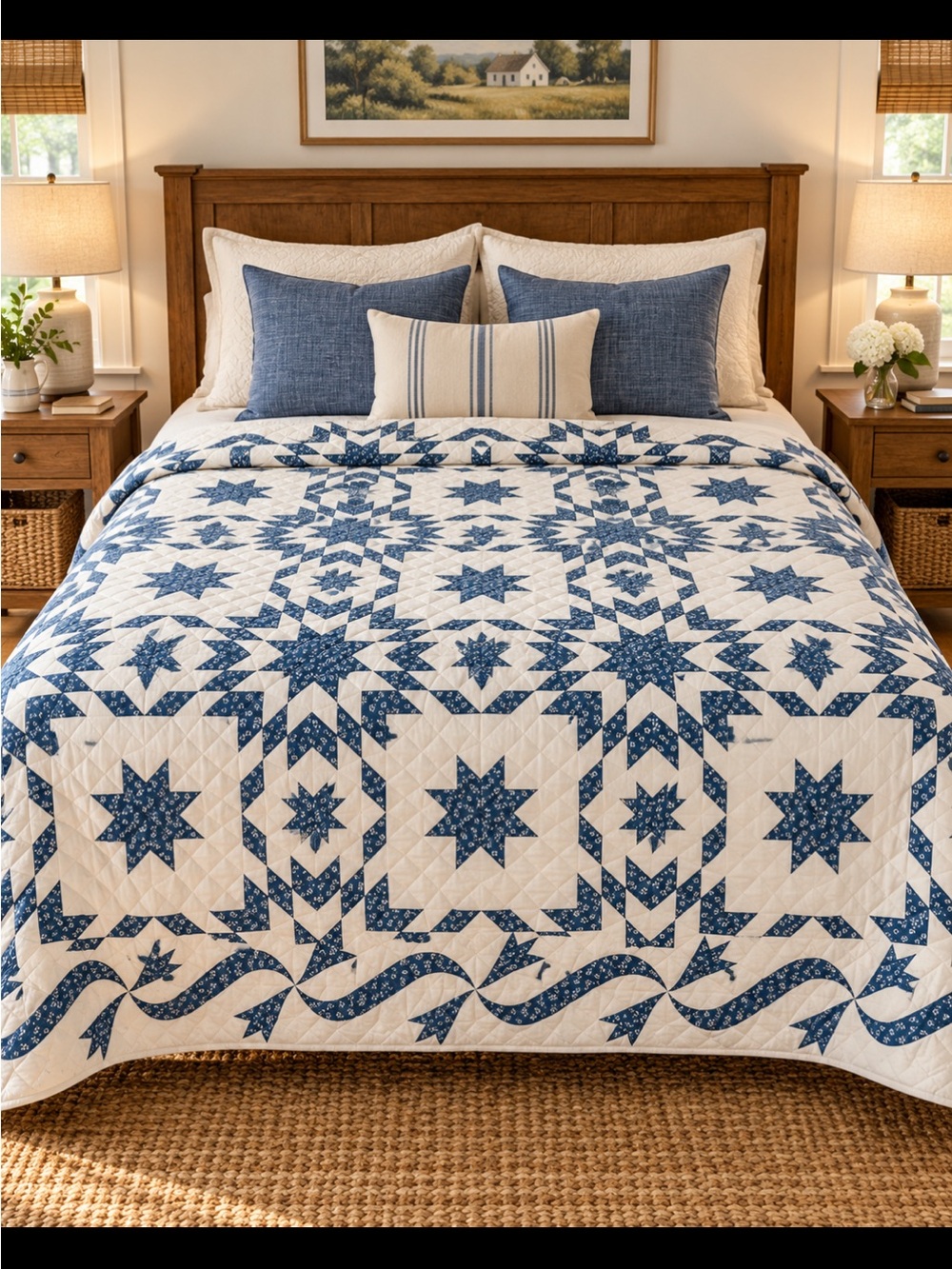 Blue Star Patchwork Quilt - Cream and Blue Quilted Bedding